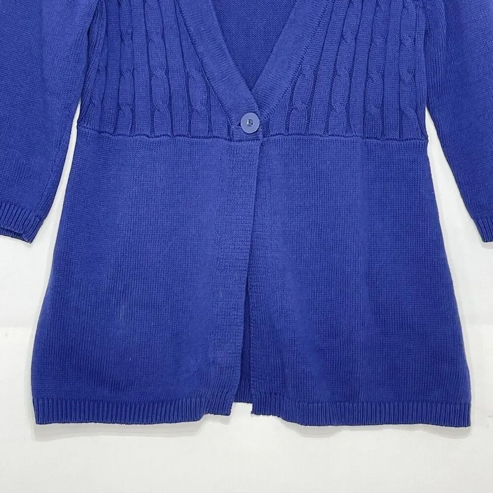 D&Co Women’s Small Cable Knit Sweater Cardigan Navy Blue One Button 3/4 Sleeve
